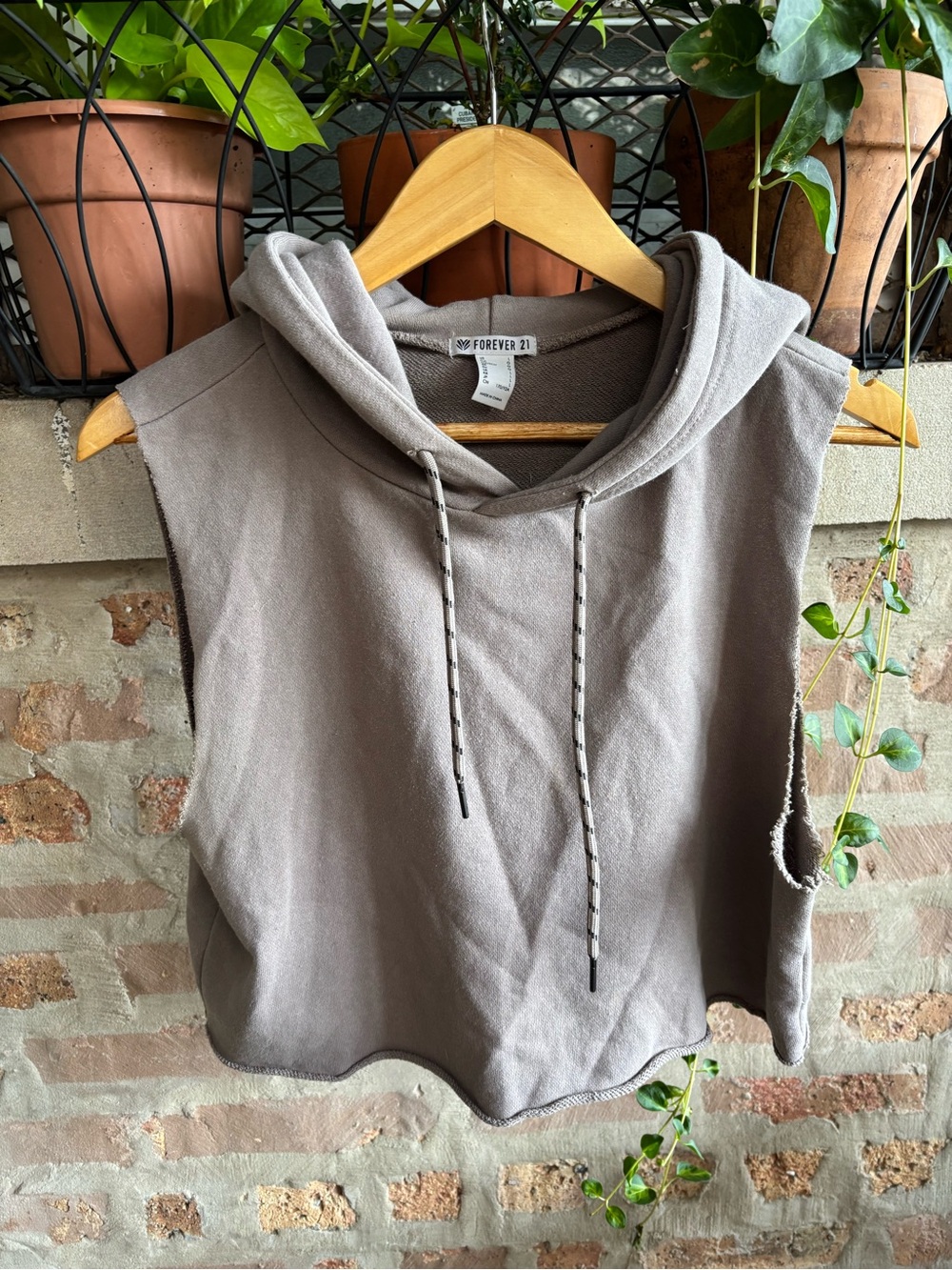 Forever 21 Taupe Sleeveless Hoodie Crop Top with Drawcords